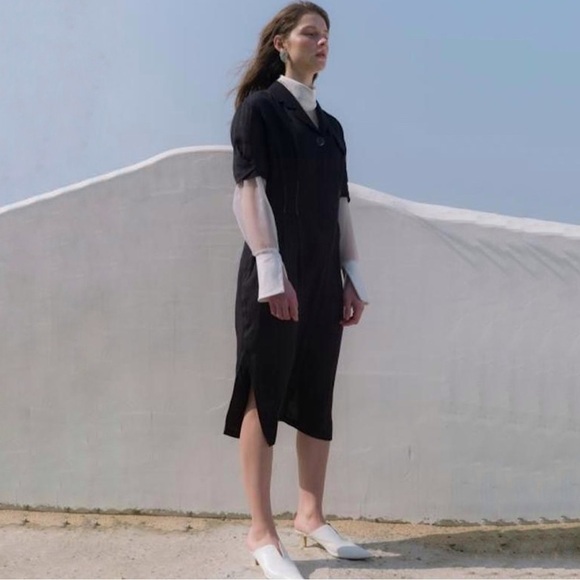 Frontrow Maison Marais Sablier Linen Blend Pleated Midi Shirt Dress Navy Small - Picture 2 of 16